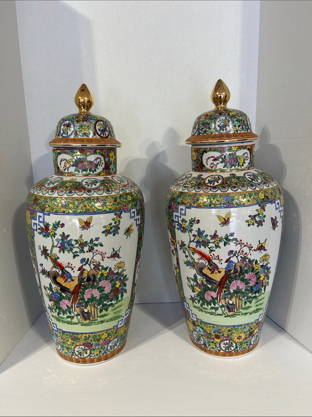 Floral Bird Porcelain Temple Jar with Gold Lid - Ornate White and Multicolor